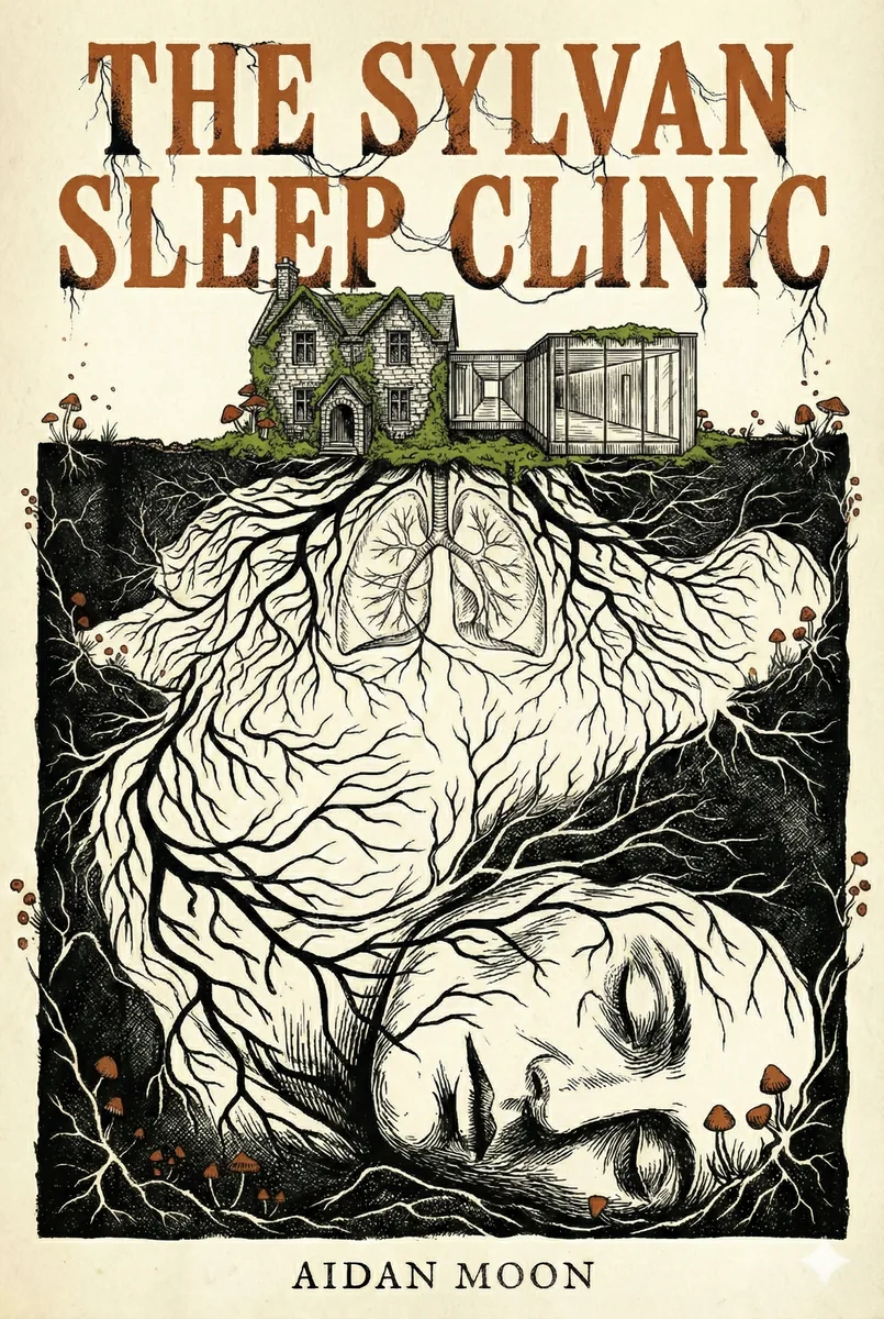 The Sylvan Sleep Clinic by Aidan Moon — cover showing ink-drawn roots descending from a cottage clinic into a sleeping face